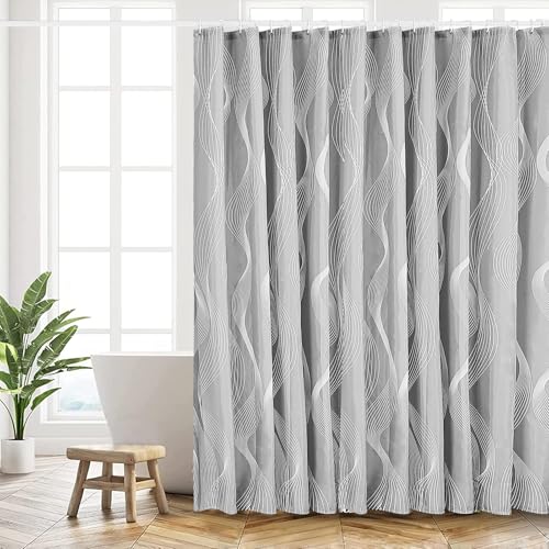 HANFU Rideau de Douche 180x200 cm, Polyester Lavable en Machine avec Ourlet Inférieur Lesté et 12 Crochets, pour Salle de Bains, Courbe Gris