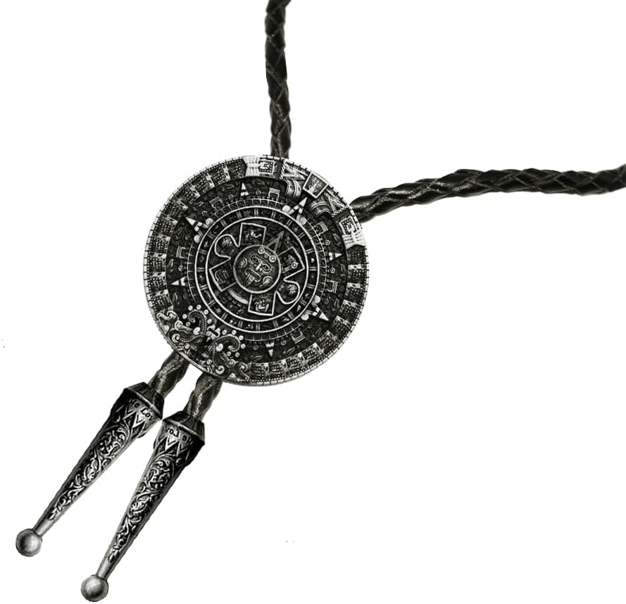 Moranse Bolo tie With Pewter Aztec Calendar Circle Design Cowboy Two Colors