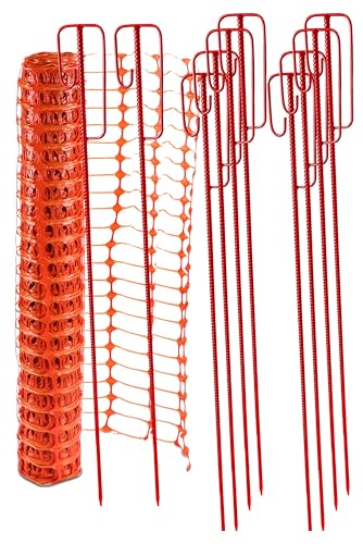 UvV Mobiler 50 m Absperrzaun Baustellenabsperrung - Set mit Zaun in Orange inkl. 10 Absperrleinenhalter rot Absperrnetz Maschenzaun Bauzaun Rolle Kunststoff