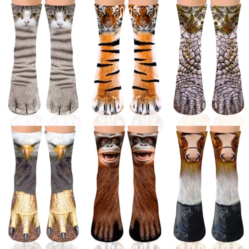 6 Pairs Funny Animal Paws Socks for Women Men, 3D