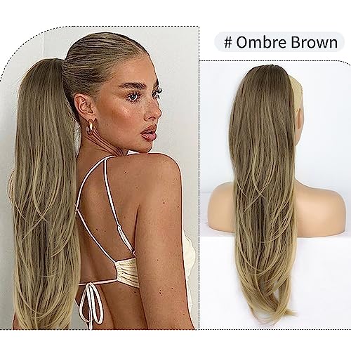 PORSMEER Ponytail Extension,Drawstring Ponytail Hair Extensions Ombre Brown 26 Inch Long Natural Straight Wavy End Synthetic Hairpiece for Women Girls Daily Use/Party - Image 2