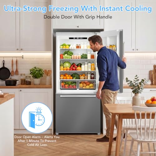 Image of Electactic 18 Cu. Ft. French Refrigerator, 2-Door French Door Refrigerator with Built-in Ice Maker, Digital Temperature Control with Bottom Mount Freezer Drawer for Kitchen Commercial-Grey