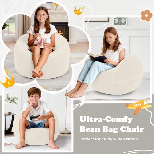 Image of 2FT Bean Bag Chair 2'Bean Bag Chairs with Memory Foam Filled Small Bean Bag | Bean bags with Machine Washable Cover Luxurious Velvet Fabric, Comfy Chairs for Living Room, Bedroom, Dorm, Beige