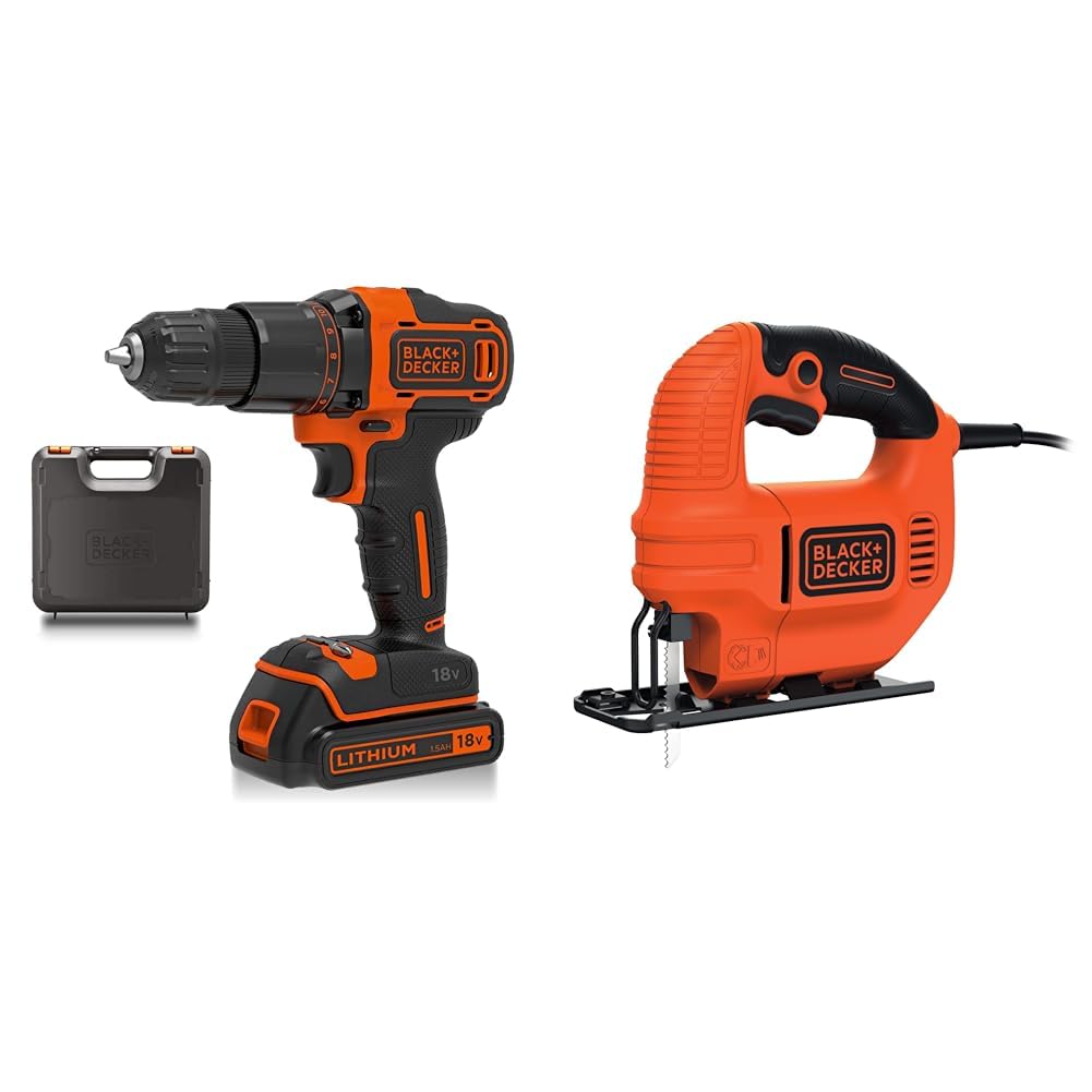 BLACK+DECKER18 V Cordless 2-Gear Combi Hammer Drill Power Tool with Kitbox, 1.5 Ah Lithium-Ion, BCD700S1K-GB, Orange & Black + Decker KS501-GB 400 W Compact Jigsaw with Blade