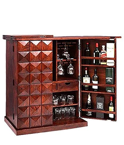 NAAZ HANDICRAFT? Sheesham Wooden Bar Cabinet Wine Rack with Glass Storage with Flat Storage Table for Home Bar and Wine Counter Furniture