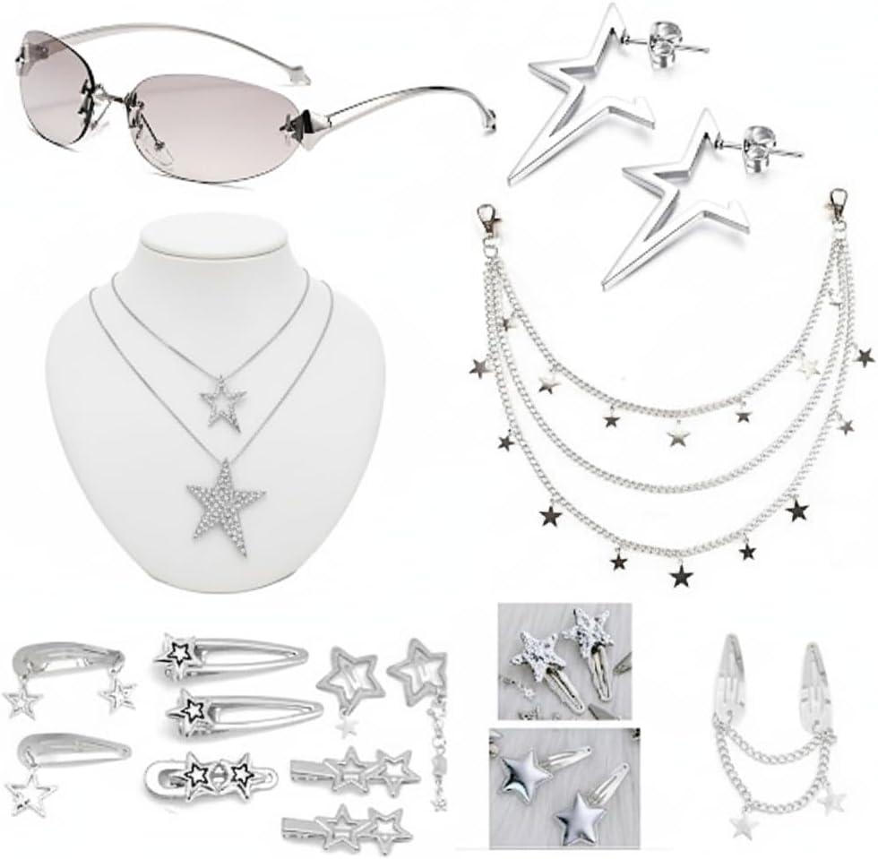 Y2k Accessories Set, Y2k Sunglasses, Silver Star Layered Necklace Jewelry Set, Star Hair Clip