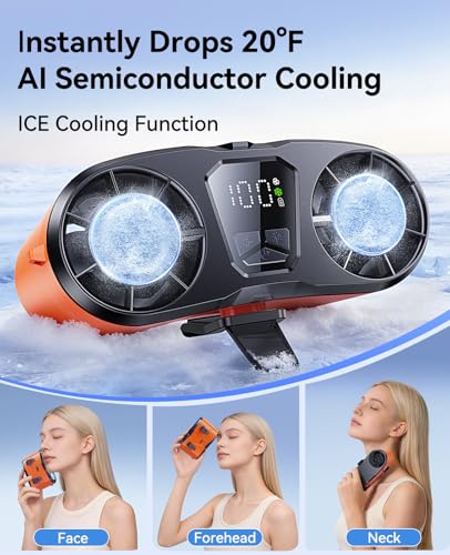 Image of KIMMOO Dual-Motor Rechargeable Waist Fan with Ice Cooling, 25000 RPM High-Speed Neck Belt Clip-on Fan with 10 Gears, LED Display & Flashlight, Hands-Free Personal Fan for Work Outdoor Travel, Orange