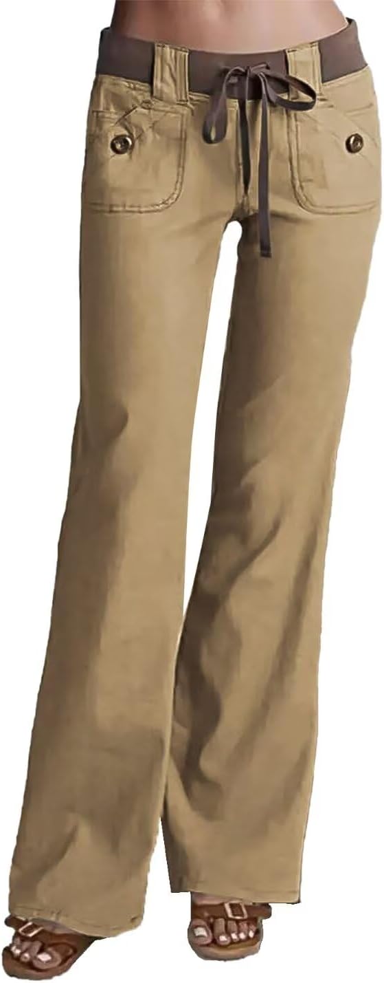 Flamingals Low Rise Cargo Wide Leg Pants for Women Drawstring Flap Pockets Y2K Bow Tie Casual Flare Pants