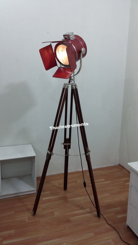 (with device) Collectible Designer Chrome Floor Spotlight Coverd With Leather Brown Tripod Lamp