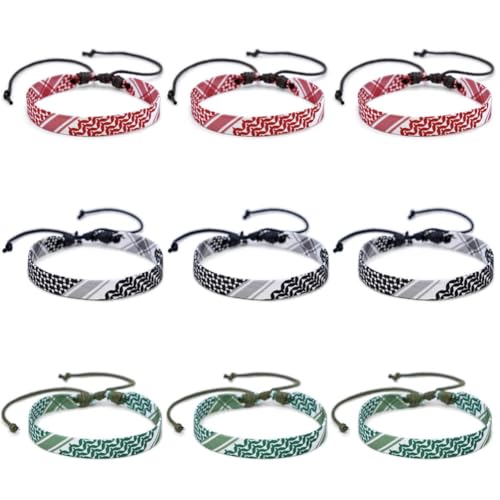 9 Pcs Keffiyeh Printed Bracelets Adjustable Braided Bracelet Arab Hand Woven Wristbands Boho Style Wrist Wrap Bracelet