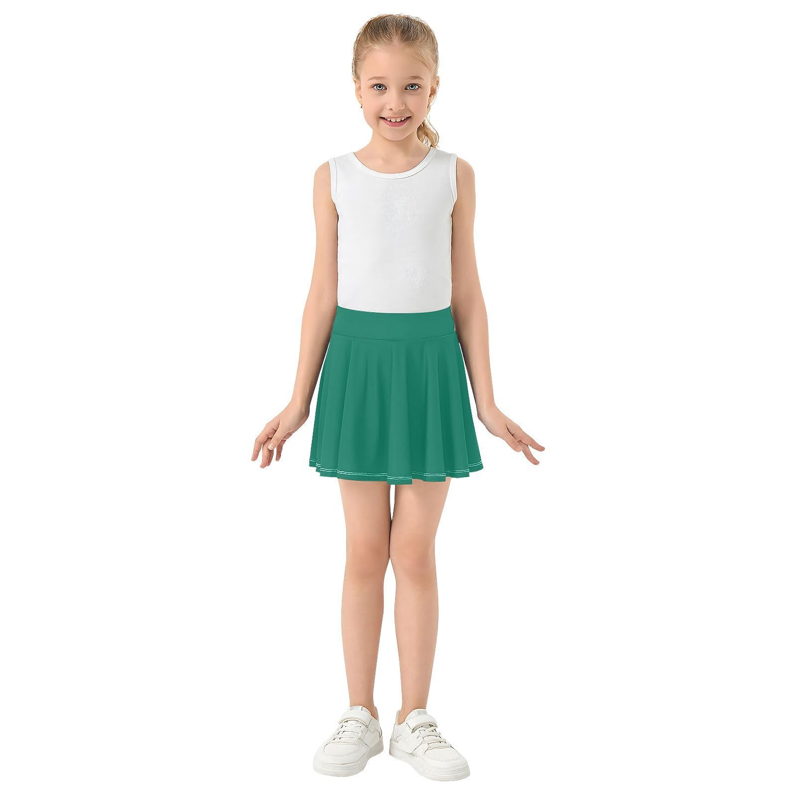 Falda pantalón de tenis con pantalones cortos para niñas, color verde oliva, color liso