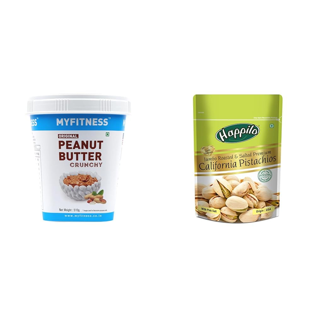 MYFITNESS Original Peanut Butter Crunchy 510g | 25g Protein to Boost Energy & Happilo Premium California Roasted & Salted Pistachios 200 g