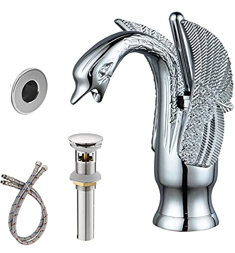 Greenspring Chrome Bathroom Faucet Swan Single Hole Single Handle Matching Pop up Drain with Overflow and Hole Cover Lavatory Vanity Basin Deck Mount Commercial Faucets Supply Line Lead-Free