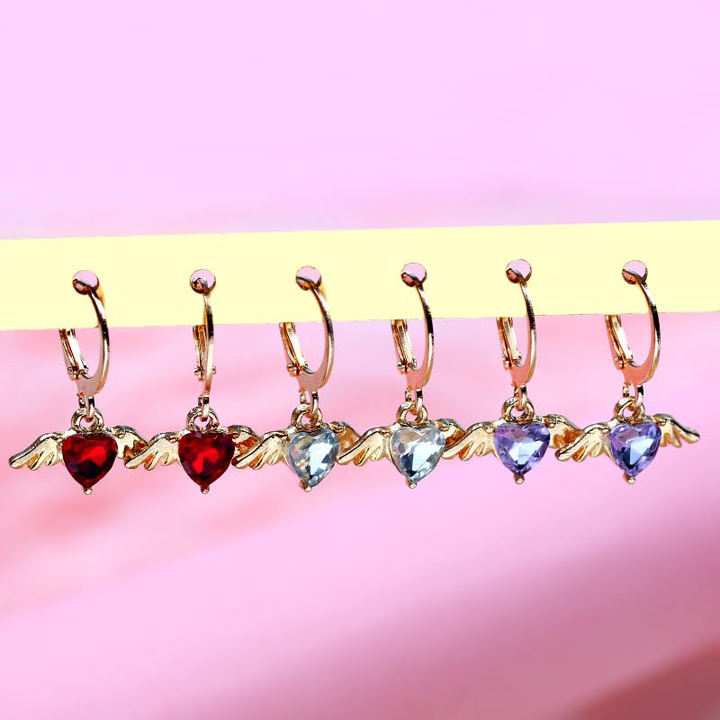 Image of El Regalo 1 Pair Angel Wings Heart Stones Earrings for Girls /Teens /Women- Heart Hoop Earrings