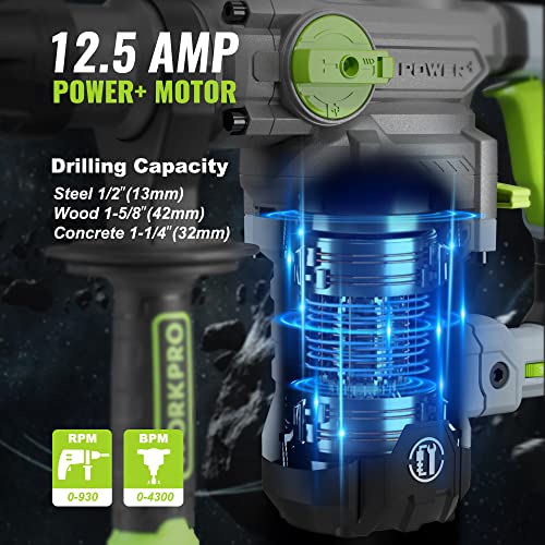 Workpro Premium 1-1/4 Inch Sds-Plus Rotary Hammer Drill, 12.5Amp, Heavy Duty Corded Version For Concrete Demolition Chipping Rotomartillo, 5 Sds-Plus Bits #TOP3