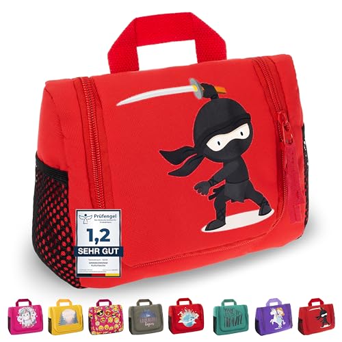 GRINSEZWERGE Kinder Kulturtasche | Reise Kulturbeutel zum Aufhängen | Kosmetiktasche Waschbeutel Waschtasche Reisetasche Schminktasche Kosmetik Beutel Reisezubehör