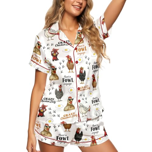 Image of HUNTFAMI Womens Soft Silky Satin Pajamas Set, 2 Pcs Sleep Short Pajamas for Mom and Grandma Button Down Summer Loungewear