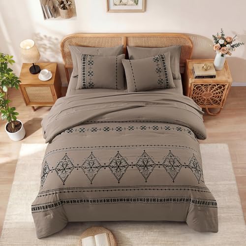 Image of MaiReve Full Size Comforter Set Embroidery Floral 7 Pieces Bed in a Bag