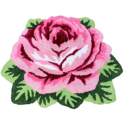 Pink Rose Rug Plush Rug Bath Mat Shaggy Door Mat Water Absorbent Rose Floral Mats Anti-Slip(Non-Slip) Modern Carpet Washable Floor Mats For Bedroom/Sofa/Bathroom (1 Rose, Pink) #TOP5