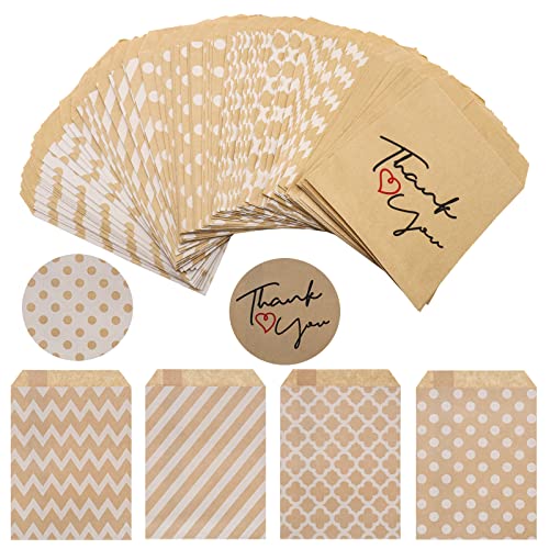 Candy Bar Bolsas de papel para regalo, 120 unidades, para caramelos, bolsas de pan de mantequilla, bolsas de semillas planas con 12 hojas, pegatinas para cumpleaños infantiles, bodas