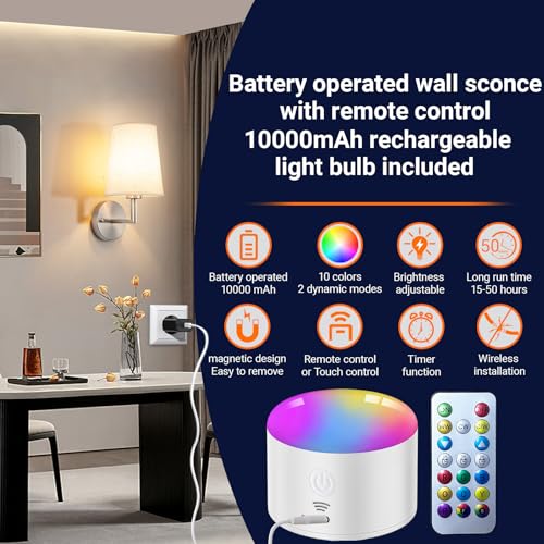 Image of Wall Sconce Battery Operated Wall Light Fixure with Remote Control, Dimmable Battery Operated Wall Sconces Set Of Two, Indoor Wireless Wall Mounted Lamp with Rechargable Bulb For Bedroom Living Room