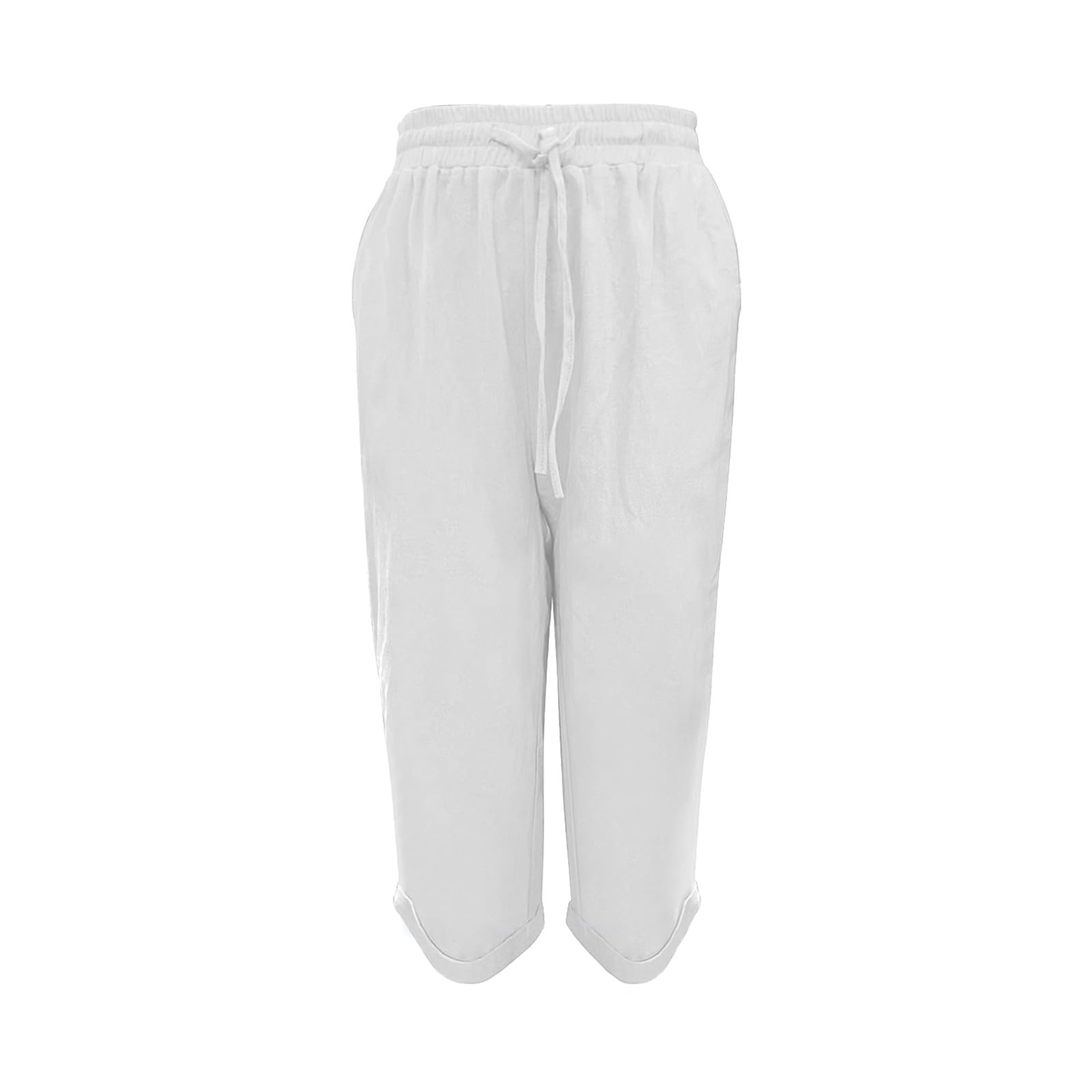 Pantaloni estivi da donna, leggeri, 7/8, in lino, a gamba dritta, con elastico, in tinta unita, per il tempo libero, per viaggi, vita quotidiana e relax