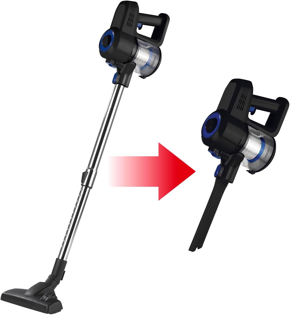 Diagram showing conversion from stick vacuum to handheld vacuum