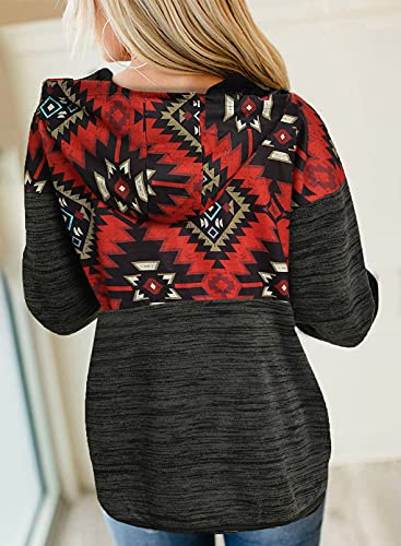 Womens Winter Fall Button Collar Western Aztec Geometric Print Long Sleeve Knit Drawstring Hooded Sweatshirts Hoodies For Women Pullover Casual Fashion Shirts Tops With Kangaroo Pockets Black X-Large #TOP1