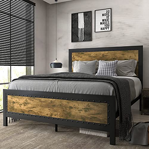 image for SHA CERLIN Grey Metal Full Bed Frame / Industrial Wooden Platform Bed 