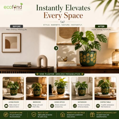 Image of ecofynd 4.5 Inch Monstera Terracotta Pot for Indoor Plant, Decorative Clay Planter for Home, Living Room, Balcony, Office & Garden, Flower Pot for Herbs & Houseplants (TPOT006-GRN)