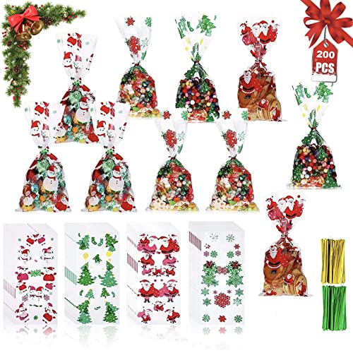 200 Pcs Noël Sacs à Biscuits Bonbons,Sac de Bonbons de Noël,Noël Sacs à Bonbons Clair,Sacs de fête de Noël en Cellophane,Sac à Bonbons avec Des Liens Torsadés,Sacs Transparents Noel Cover