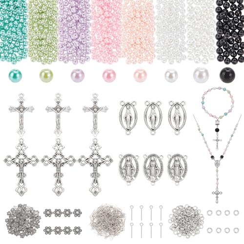 PH PandaHall Rosary Making Kit 1092pcs 8 Colors Glass Pearl Beads Rosary Prayer Making Supplies First Communion Necklace Set Cross Charms Jewelry Findings for Easter Christmas Necklace Jewelry Making