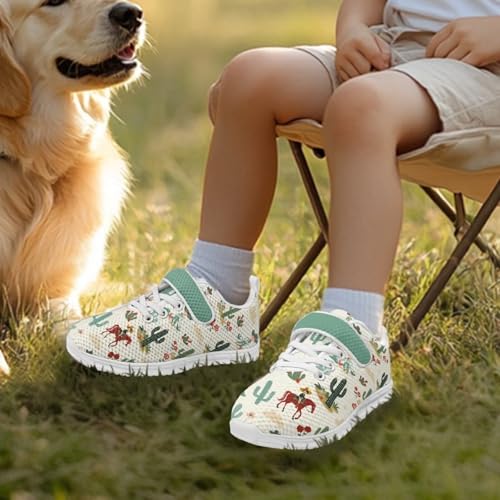 Little Kid Shoes Boys Girls Sneakers Tennis Running Lightweight Breathable Shoes Cactus Cowboy Horse Pattern（White Sole）2
