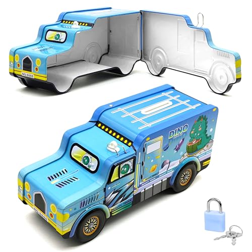 Image of VGRASSP Dinosaur Theme Metal Bus Piggy Bank Toy for Kids - Cute Money Safe with Lock and 2 Keys - Gullak Coin Box Gift for Boys and Girls - Color As Per Stock