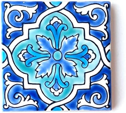 DŸARI Decorative Ceramic Tiles – Hand Painted Indoor & Outdoor Floor Spanish Artisan Tile Top Kitchen Mediterranean 4” × Durable Colorful 140 g (Eau V 7) (EV216)