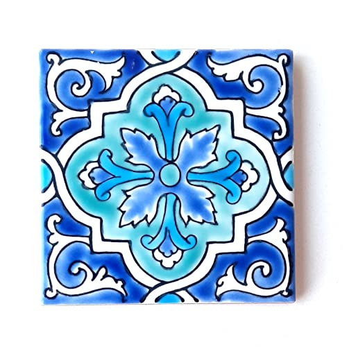 Dÿari Decorative Ceramic Tiles – Hand Painted Indoor & Outdoor Floor Spanish Artisan Tile Top Kitchen Mediterranean 4” × Durable Colorful 140 G (Eau V 7) (Ev216) #TOP3