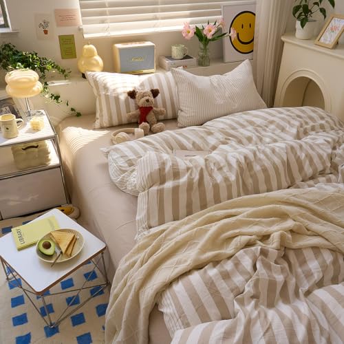Image of VM VOUGEMARKET Kids Teens Twin Duvet Cover Set Khaki Striped Bedding Set Khaki White Stripes Duvet Cover with 2 Pillowcases Soft Lightweight Microfiber Farmhouse Comforter Cover-68 x86