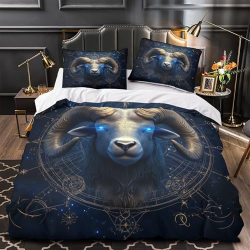 RJAVAGFZL Carnero Astral Impresión 3D 3 Piezas Funda de colchón Estilo del zodíaco mítico Funda de edredón Microfibra morbida Cierre Cremallera para Chicos Adolescentes Hombres Single（140x200cm）