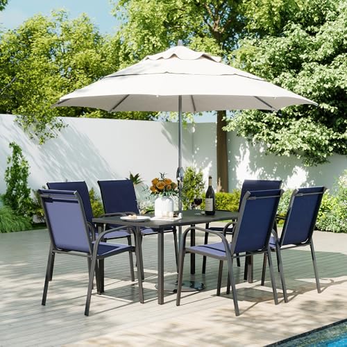 Image of HAPPATIO Outdoor Patio Dining Set, 6 Quick Dry Textilene Dining Chairs and Dining Table with Umbrella Hole, Stackable Textilene Chairs for Garden, Patio and Poolside Backyard,Navy