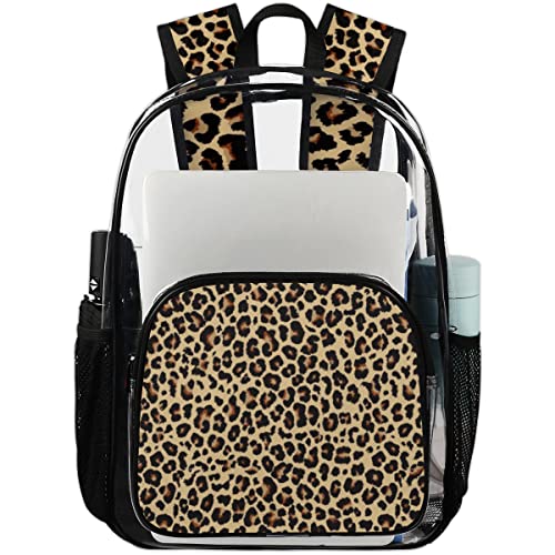 Leopard Clear Backpack Stadium Approved Heavy Duty PVC Transparent Backpacks Large See Through Bag for Work Travel Sports Events Concerts
