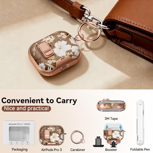 Image of for AirPod Pro 3 Case 2025, with Safty Lock & Phone Stand for Floral AirPod Pro 3 Generation Case Cover for Women Girly, iPod Pro 3 Cases with Keychain & Cleaner Kit -Brown +White Flower
