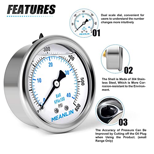 Image of MEANLIN MEASURE 0~600Psi Stainless Steel 1 /4 inch NPT 2.5 inch FACE DIAL Liquid Filled Pressure Gauge WOG Water Oil Air Center Back Mount, with 1 /2 inch NPT and 3 /8 inch NPT Hex Bushing