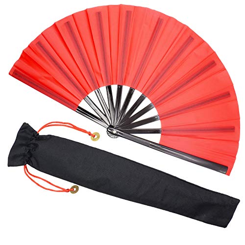Zolee Large Rave Folding Hand Fan for Men Women - Chinese Japanese Solid Kung Fu Tai Chi Handheld Fan with Fabric Case - for EDM, Music Festival, Club, Event, Party, Dance, Performance, Gift (Red)