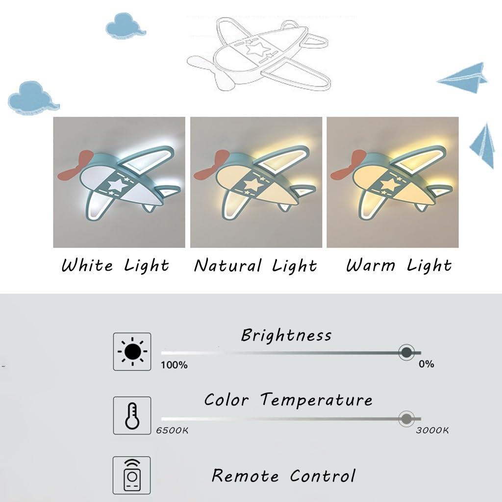 Lampadario Led Soffitto Camerette Bambini Plafoniera LED Aeroplano Dimmerabile Con Telecomando 40W 3000K-6500K Plafoniera Soffitto In Acrilico Lampada Vivaio, 59cm Azzurro Cielo