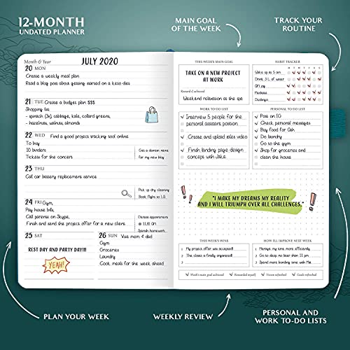 Legend Planner – Deluxe Weekly & Monthly Life Planner To Hit Your Goals & Live Happier. Organizer Notebook & Productivity Journal. A5 Hardcover, Undated – Start Any Time + Stickers – Dark Teal Gold #TOP2