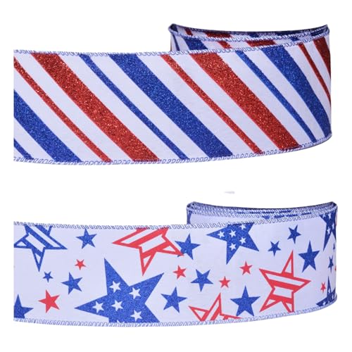 Patriotic Glitter Ribbon 2.5" Stars & Stripes Red White Blue Ribb...