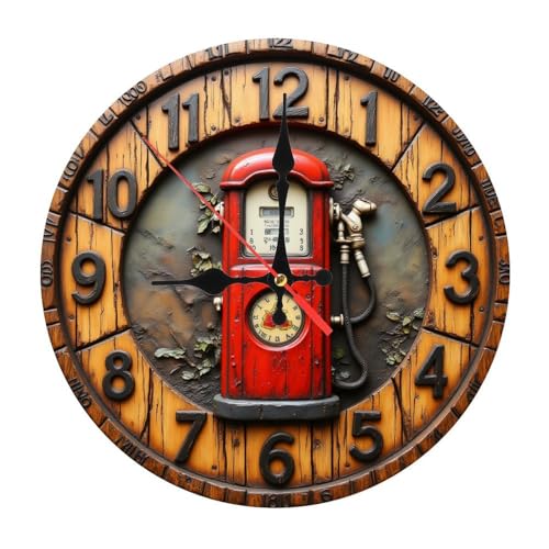 Red Gas Pump with Built-in Mini Clock & Ivy Accents Farmhouse Wooden Wall Clock 25cm×25cm