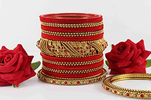 Image of NMII Metal with Zircon Gemstone and Beads Studded Ball Chain Linked Glossy Finished Velvet Bangles Chuda set for Women and Girls