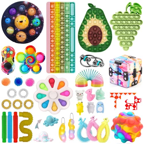 Popit Fidget Pack Fidget Toy Set Stress-Relieving Toys, Big Sensory Keyboard Popit Fidget Toy Pack with Marble Mesh Anxiety Pop Tube Keychain Fidget Packs for Adults Kids (Fidget Pack #22)