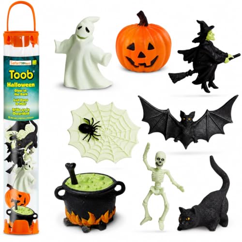 Safari Ltd. Glow-in-the-Dark Halloween Toob - Mini Figures: Bat Cat Skeleton Ghost Witch Cauldron Spider Pumpkin - Educational Toy Figures For Boys Girls & Kids Ages 3+